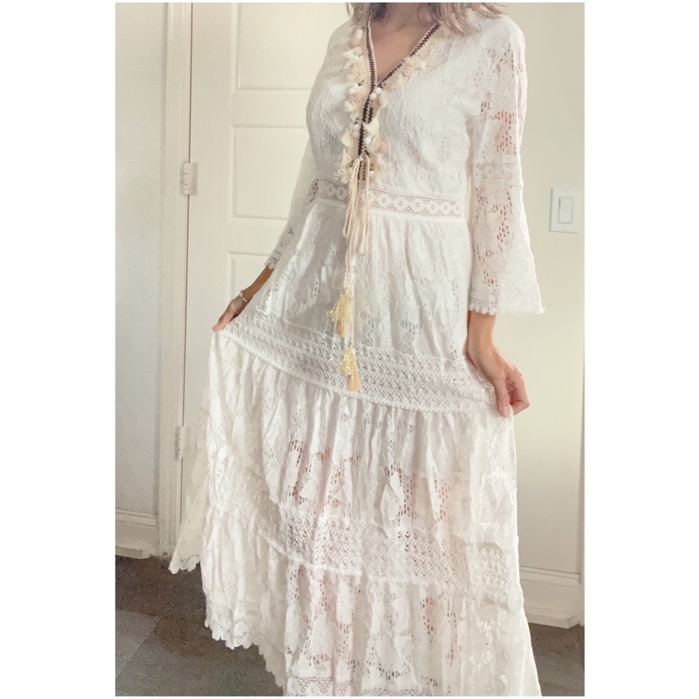 04 Floral Lace Tassel Pom Pom V neck maxi Dress - Picture 5 of 8